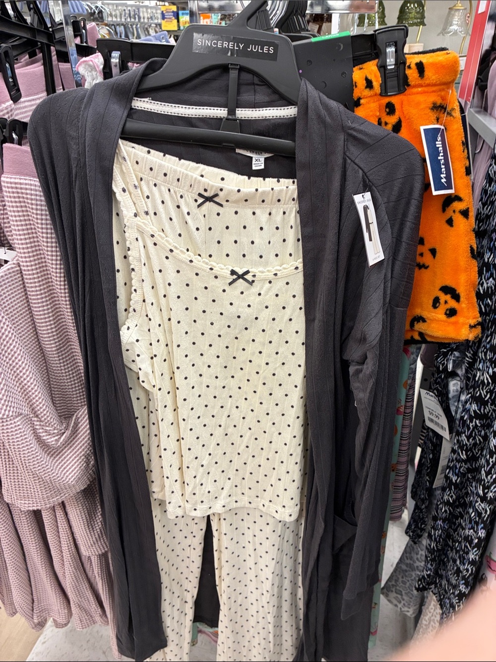 Sincerely Jules Charcoal Open Cardigan with Ivory Polka Dot Pajama Set